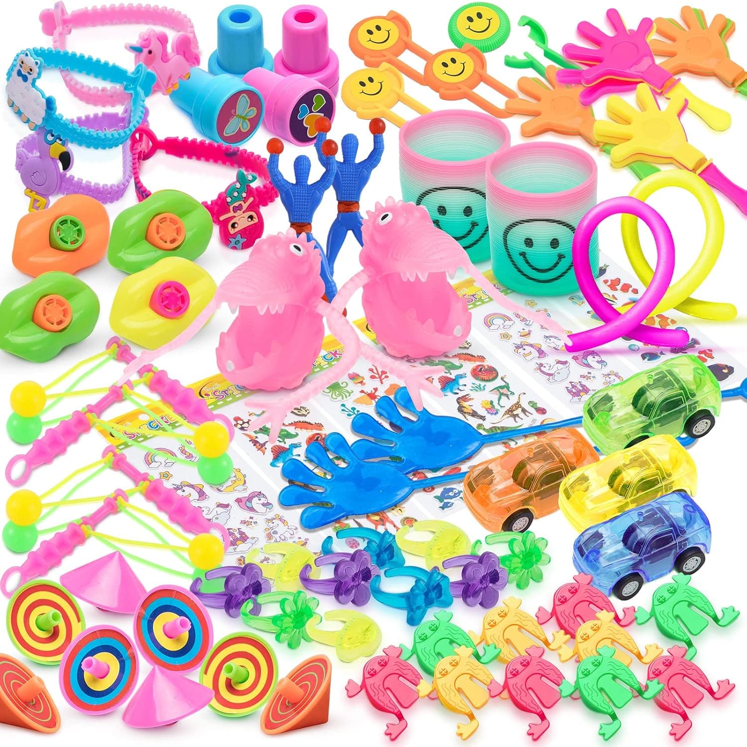 72 Pcs. Pinata Toys Filler, Prize Box Toys for Kids, Small Toys for Prizes and Party Favors for Birthday, Classroom and School Rewards, Complete w/ Unicorn Stickers, Emoji Rings, Finger Dinosaurs