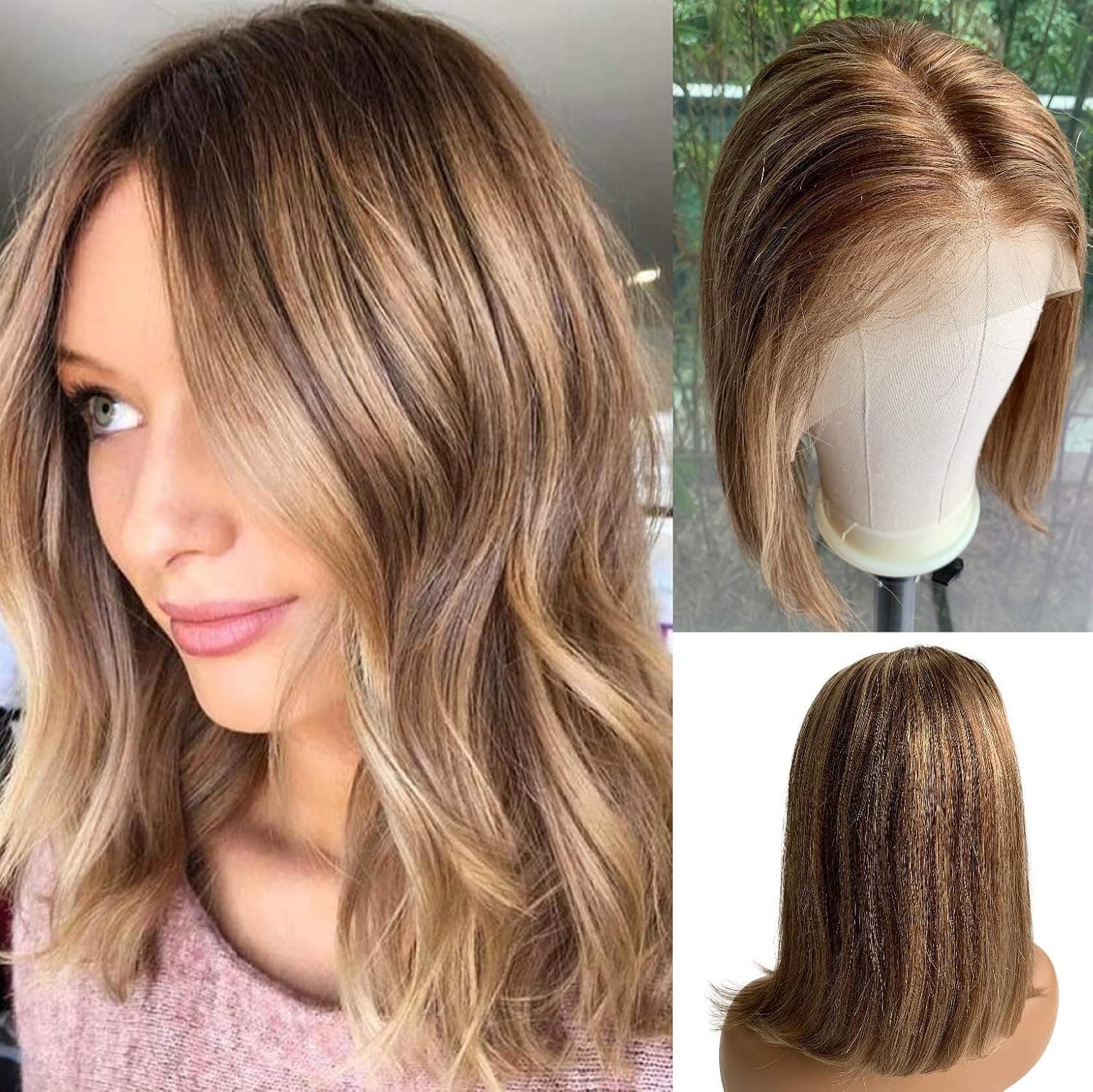 Medium Brown Roots Ombre Bob Wigs Brazilians Virgin Human Hair Lace Front 13x4 Density 180% Balayage Strawberry Blonde Highlight Pre Plucked Bleached Knot #4T4/27 12inch