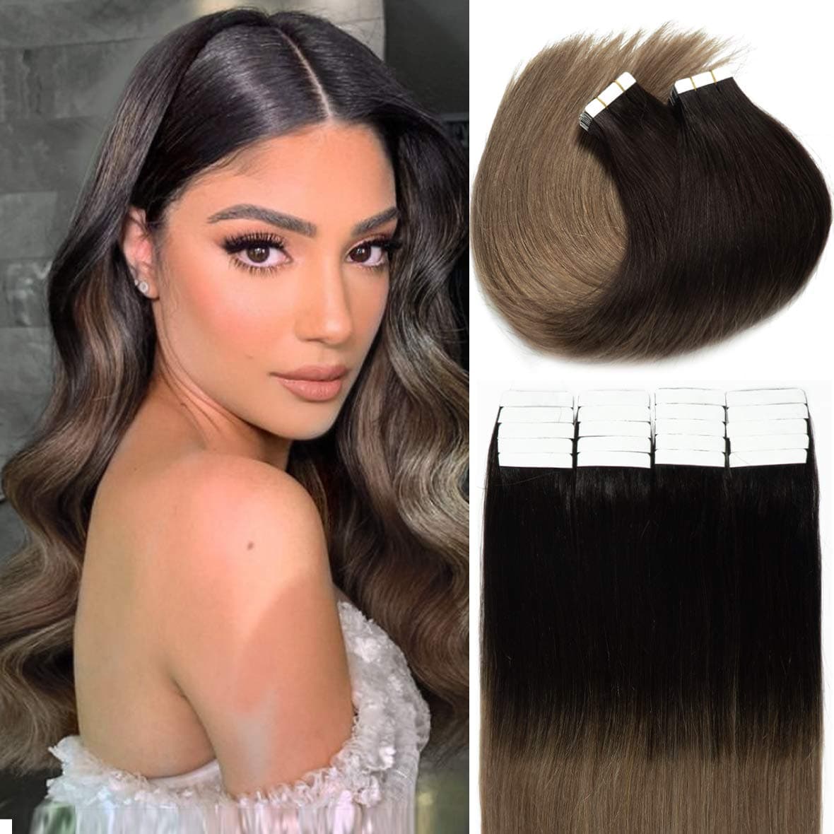 Caliee Tape in Hair Extensions Remy Human Hair 14 inches 50g/pack 20pcs Straight Balayage Human Hair Extensions Tape in Darkest Brown #2 to Chestnut Brown #6