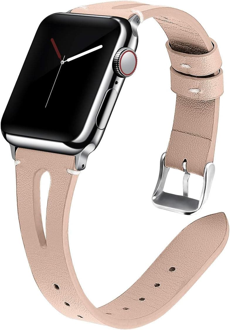 Kaome Leather Band Compatible for Apple Watch Band 40mm 38mm, Slim Elegant Strap, Women Replacement Bands for iWatch Series 5 Series 4 Series 3, Fashionable Feminine Breathable Slit Design-Sand Pink
