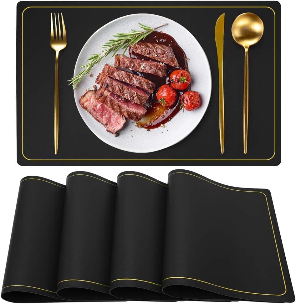 Black Placemats for Dining Table Set of 4, PU Leather Placemats, Wipeable Washable Waterproof Placemats, Black Table Mats for Kitchen, Rectangle Easy Clean Mother's Day Place Mats by WEHVKEI