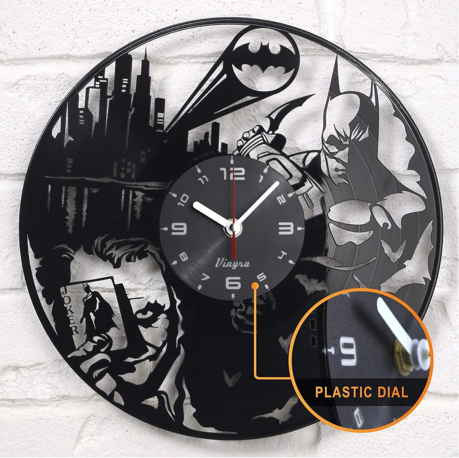 Vinyra Vinyl Wall Clock compatible with Batman vs Joker Themed Decoration Home Gift Set Idea for Men Women Boys Room Wall Art Decor 12” LP Record Clock, Black