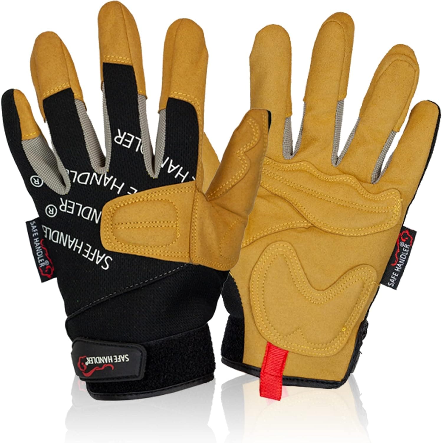 SAFE HANDLER Reinforced Leather Gloves | Suede Leather Padding, Hook & Loop Wrist Strap, Breathable Comfort, L/XL, 1 pair (2 gloves)