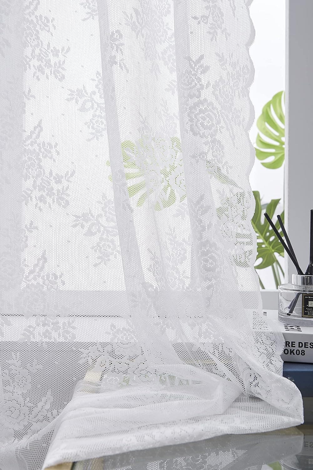 FlourishTex Lace Curtains 63 Inch Length-Window Voile Sheer Drapes，Floral Rose White Sheer Lace Curtains for Living Room，54 x 63 Inch， 2 Panels