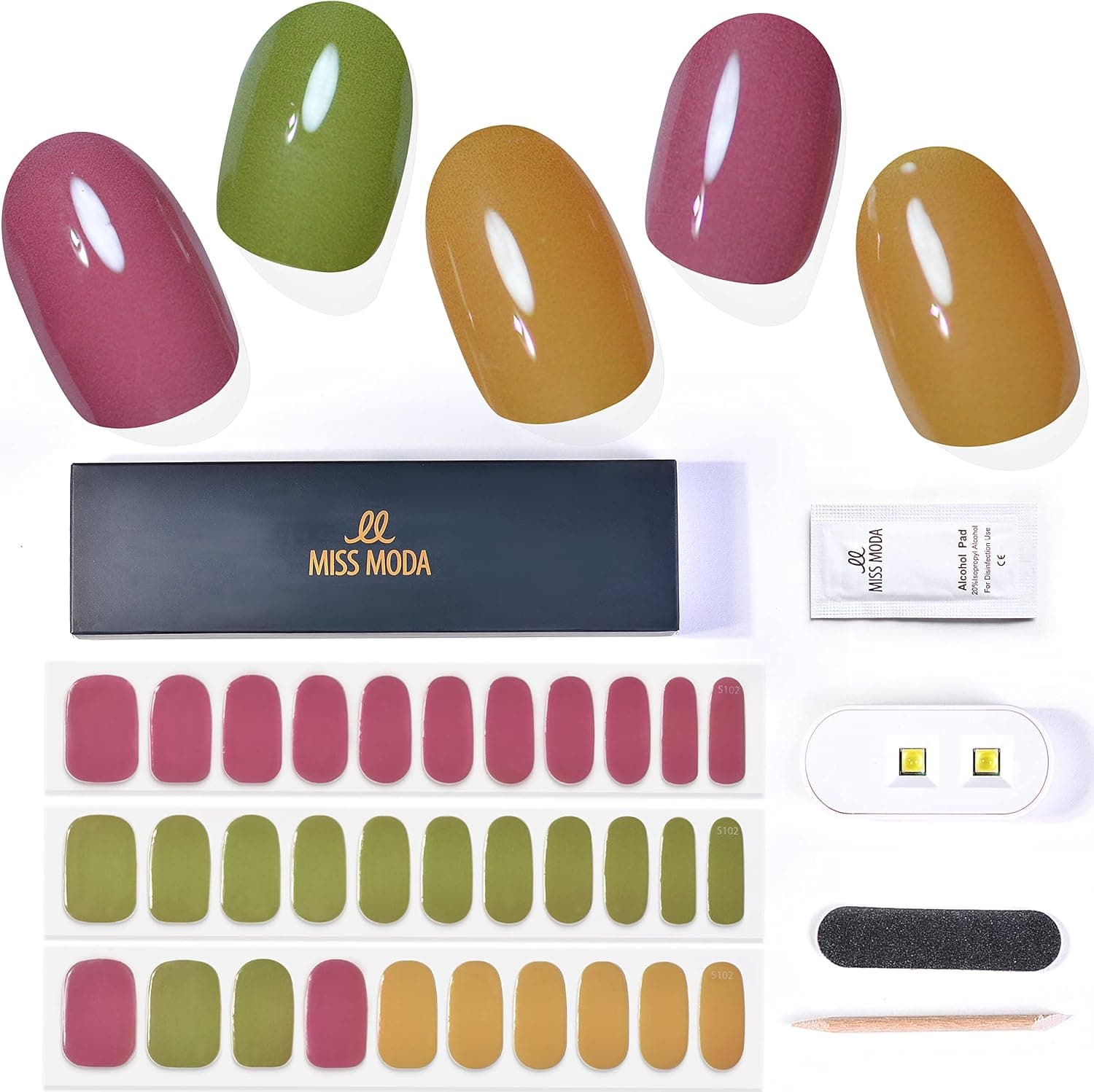 M MISS MODA Semi Cured Gel Nail Strips Gel Nail Wraps Nail Art Decoration Gel Nail Sticker (32 Stickers) with UV Lamp (S102)