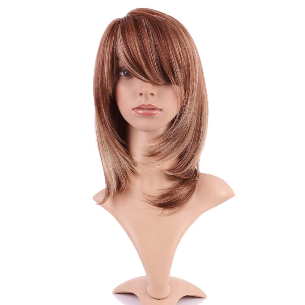 Hairro 13 Inch Long Wavy Synthetic Hair Wig with Side Bangs for Women Natural Looking Layered Highlight Blonde Brown Wig Heat-resistant Fiber for Daily Fashion Cosplay, Auburn Ginger Mix