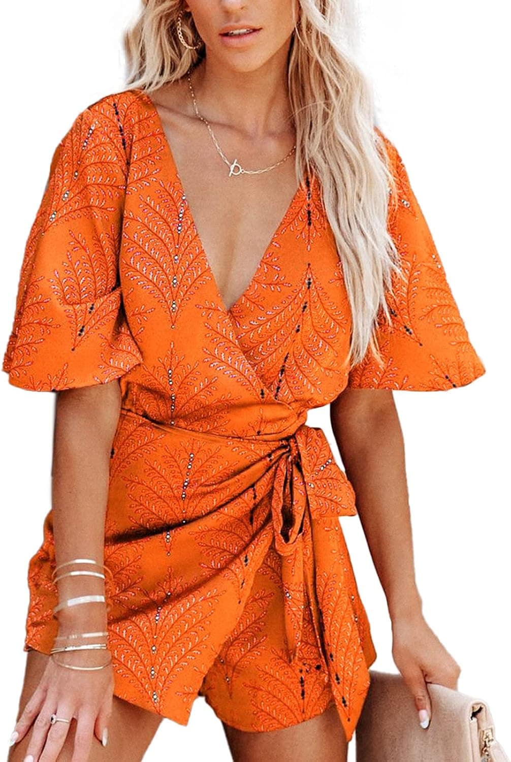 CUPSHE Romper Short Sleeve Backless V Neck Tie Waist