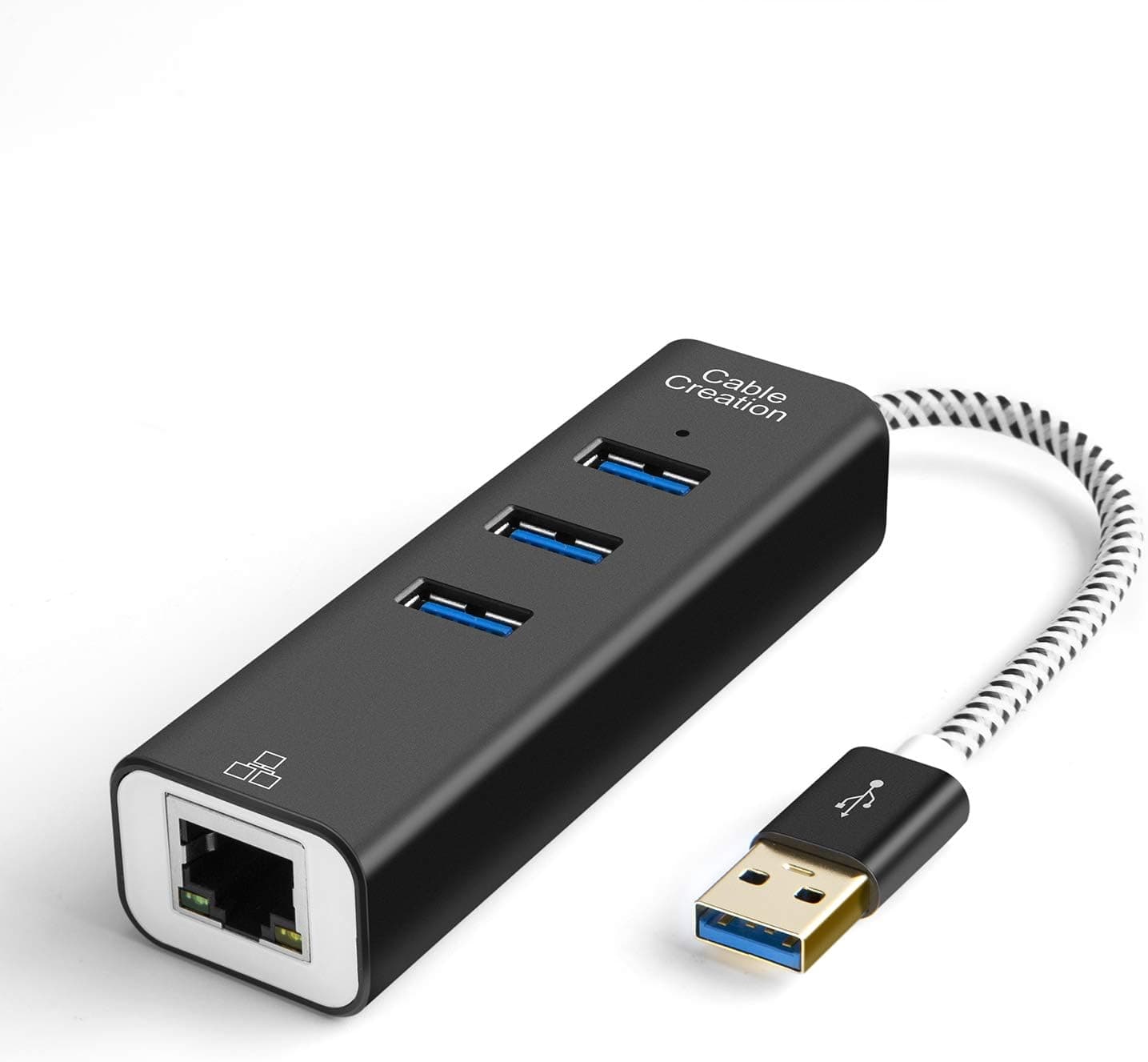 CableCreation USB to Ethernet Adapter with 3-Port USB 3.0 Hub, RJ45 10/100/1000 Mbps Gigabit Ethernet Adapter Compatible with Windows PC, Laptop, MacBook Pro, USB Flash Drives etc, Aluminum Black