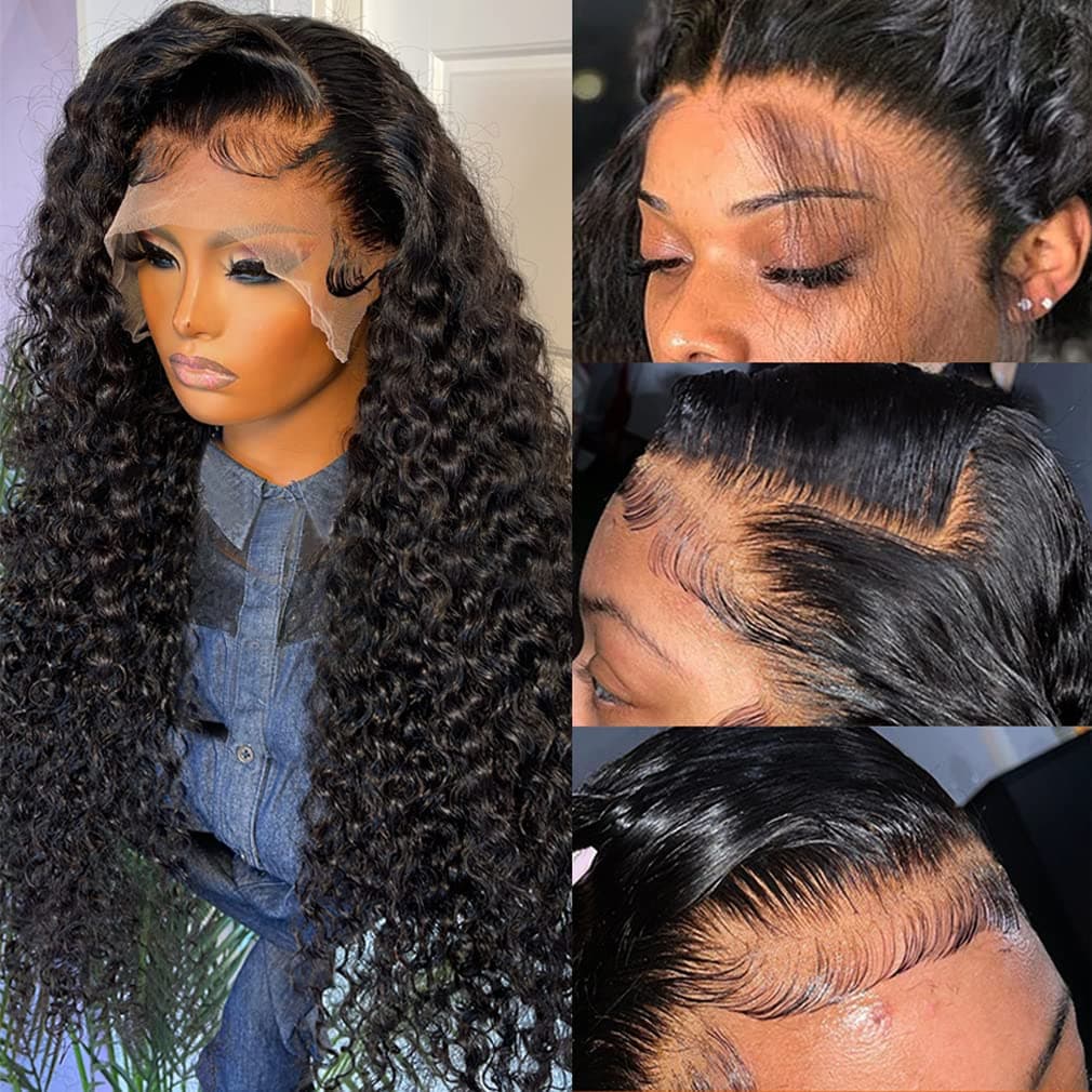 Kiss Love 13X4 Deep Wave Lace Front Wigs Human Hair Curly Wigs for Black Women Deep Wave Lace Frontal Wet and Wavy Wig Human Hair Pre Plucked with Natural Baby Hair 180% Density Natural Hairline Natural Color (30Inch)