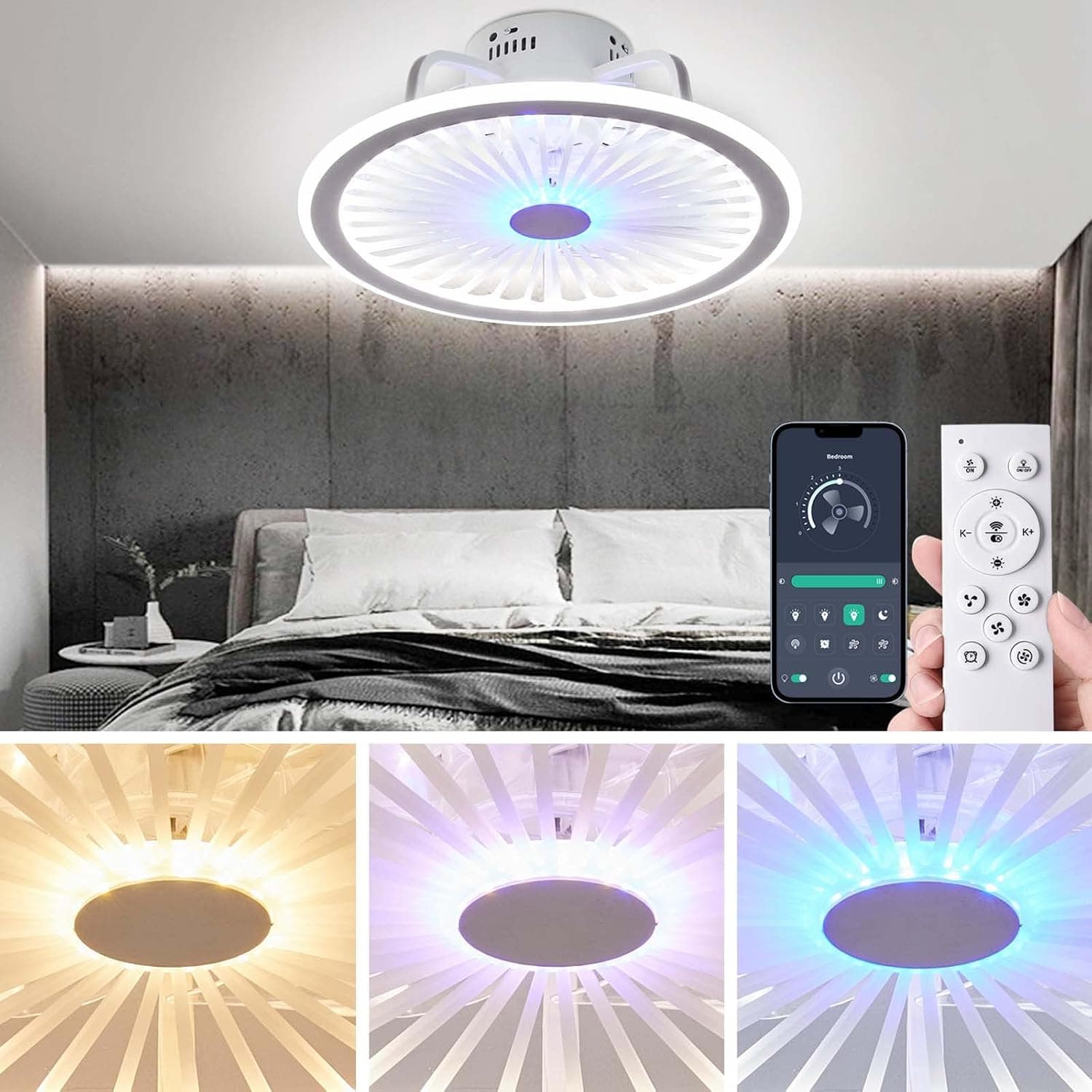EINRZi 19”Ceiling Fan with Lights Remote Control,Modern LED 3-Color Dimming Low Profile Flush Mount Ceiling Fans with APP,Smart 3-Wind Speeds Invisible Ceiling Fan for Bedroom,Timing
