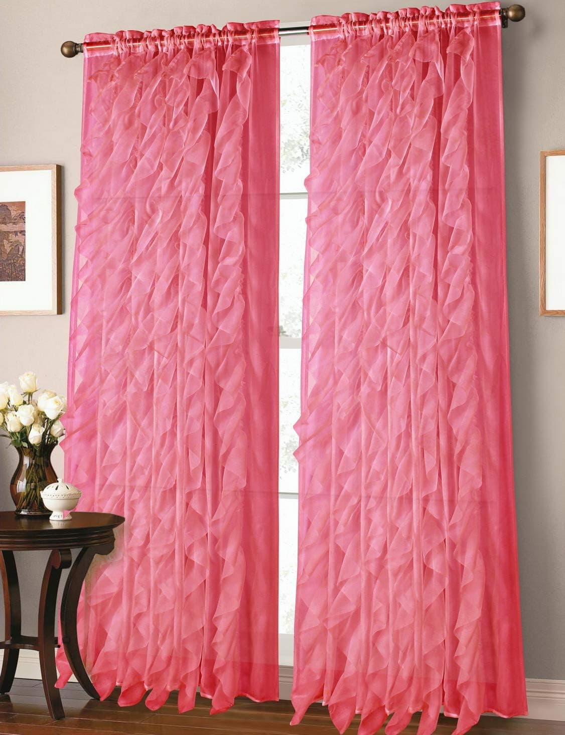 Sapphire Home Two (2) Cascade White Ruffle 84" Long Curtain Panels, Sheer Voile Ruffled Curtain Panels - Red
