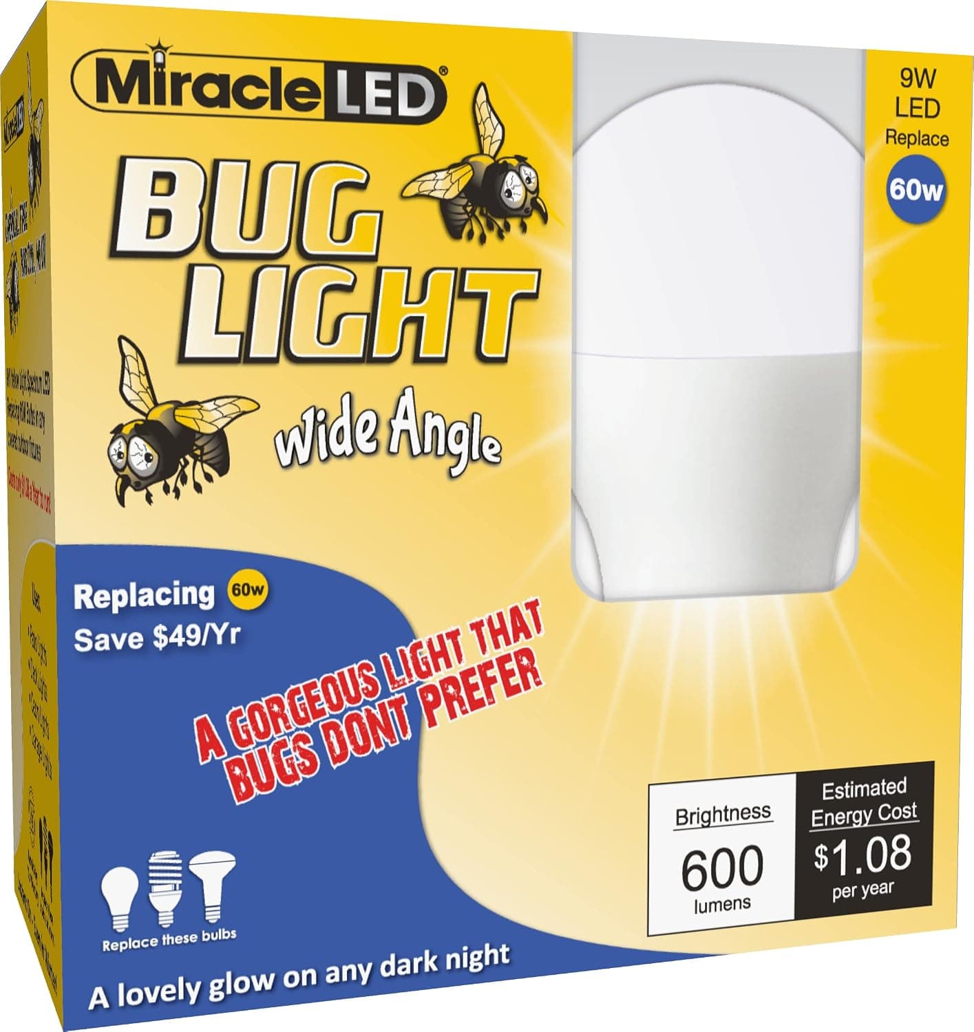 MiracleLED 604621 Wide Angle LED Bug Light, Amber Yellow, 9W Replacing 60W, 2 Count (Pack of 1)