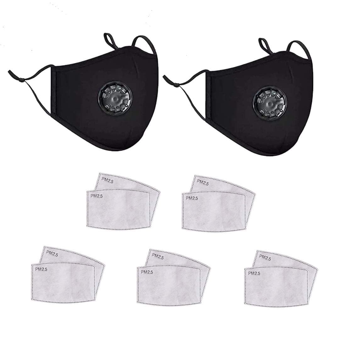 2 Pack Adult Unisex Adjustable Reusable Washable Cotton Face Protection with 10 Carbon Filters and Valves for Outdoor Activities Black