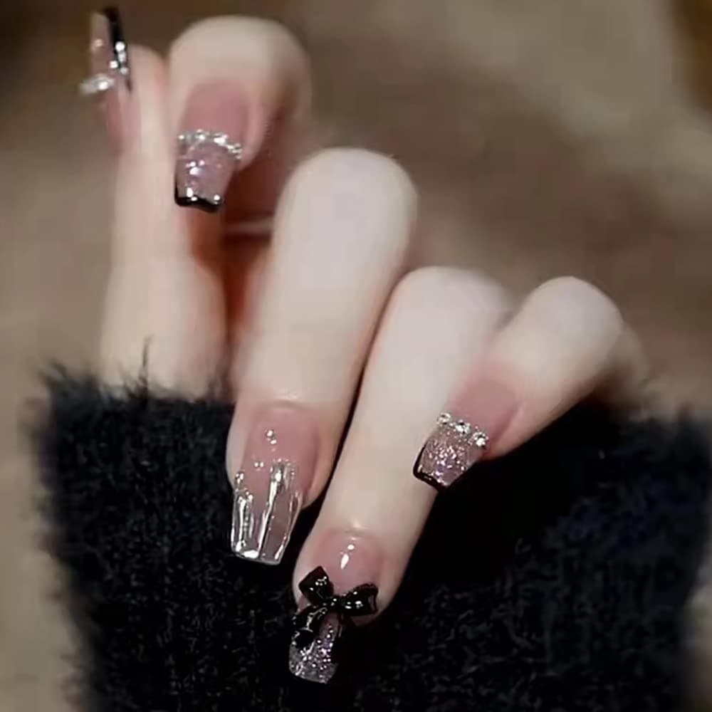 Pink Press On Nails Black Medium French Tip, 3D Black Bow Knot Bling Rhinestone False Nails for Women Girls with Nail Glue Black Medium Coffin Acrylic Fake Nails for Women 24pcs(3D Black Bow Knot)