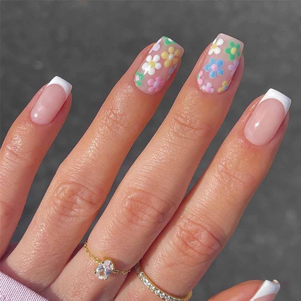 Foccna French Press on Nails Acrylic Fake Nails Square Glossy Short False Nails White Daily Flower Design Wear Artificail Nails for Nail Art Manicure Decoration 24pcs