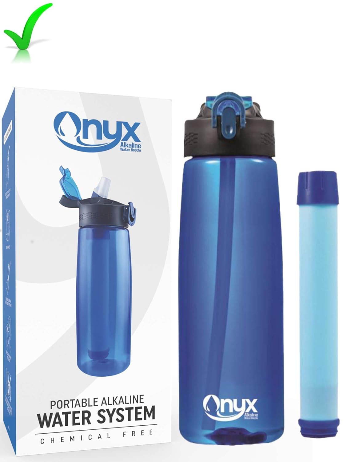 Onyx Alkaline Water Bottle System, Activated Carbon Filtration, Water Ionizer, Alkaline Water Filter Bottle, 65 Liter,396 GAL Lifetime Filter High PH, Alkaline Water Sport Survival Bottle