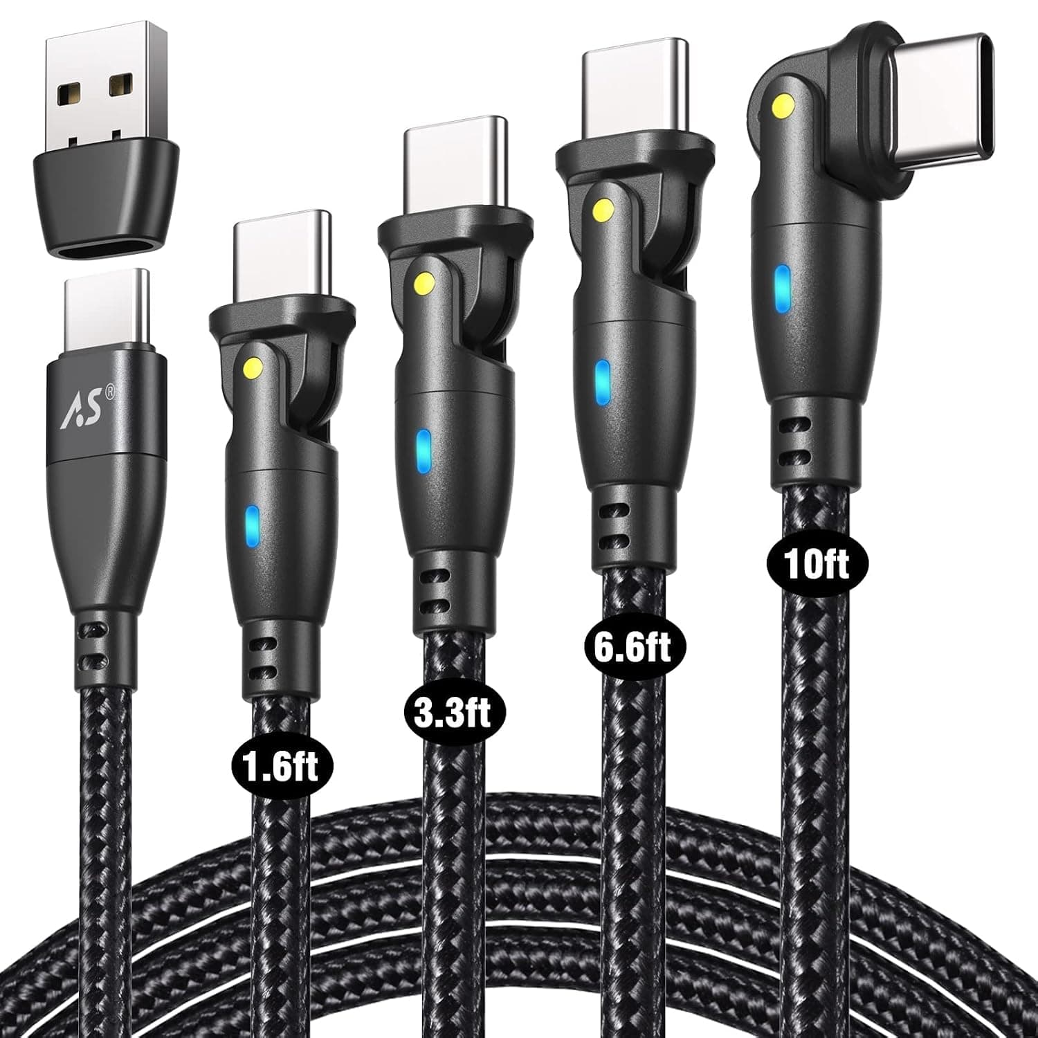 A.S USB Type-C Cable 60W 3A USB C Fast Charger USB A/C to USB-C Charging Cable [4Pack-1.5ft/3.3ft/6.6ft/10ft] 180° Data Sync Charger Cord for Galaxy S21/S21+/S20/Google Pixel/Laptop/Tablet