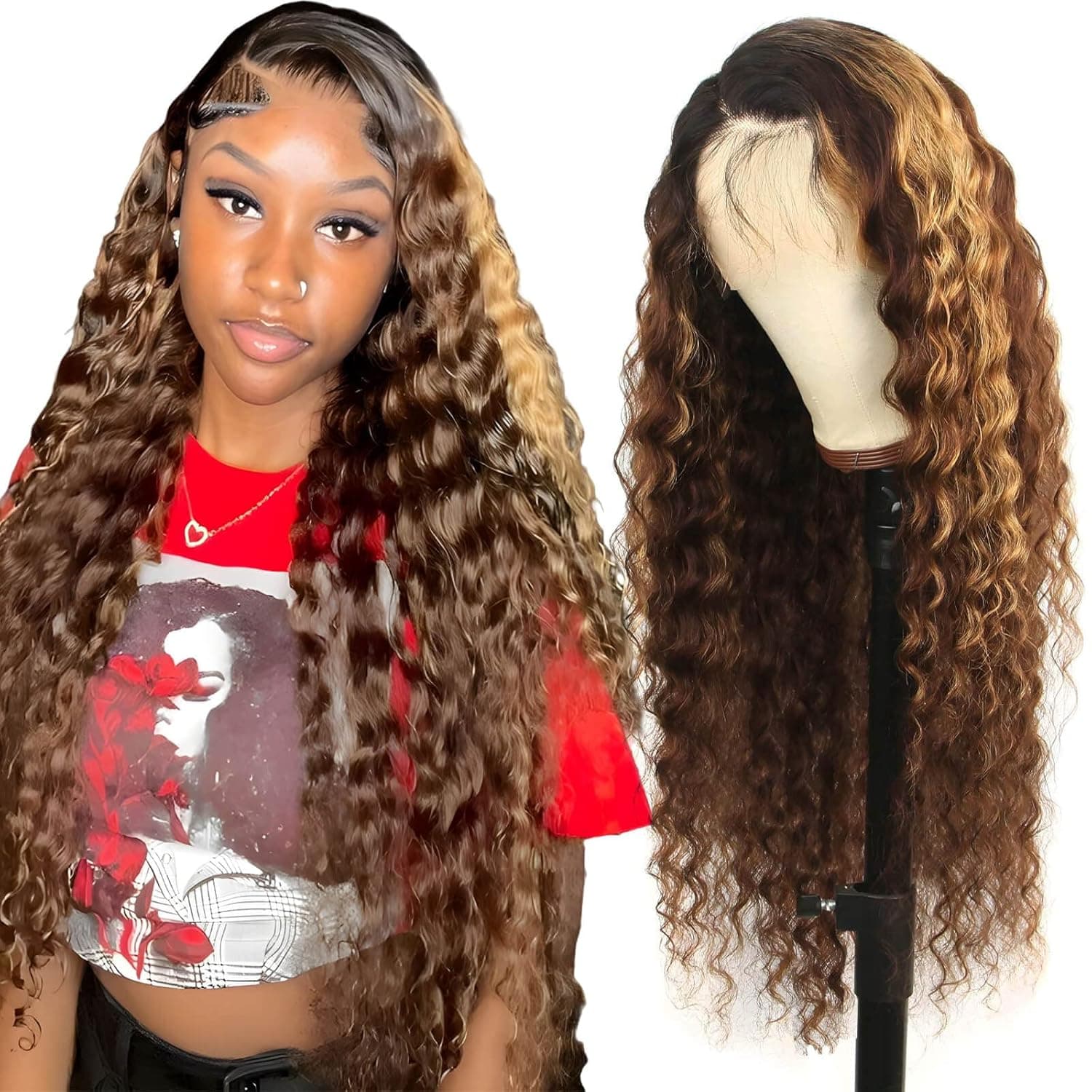 Honey Blonde Ombre Lace Front Wig Human Hair Loose Deep Wave 13x6 HD Transparent 4/27/30 Highlight lace frontal Wigs with Baby Hair 180% Density Colored 12A Lace Front wig Human Hair (22inch, 13x6 Ombre Loose Deep Wave Wig)