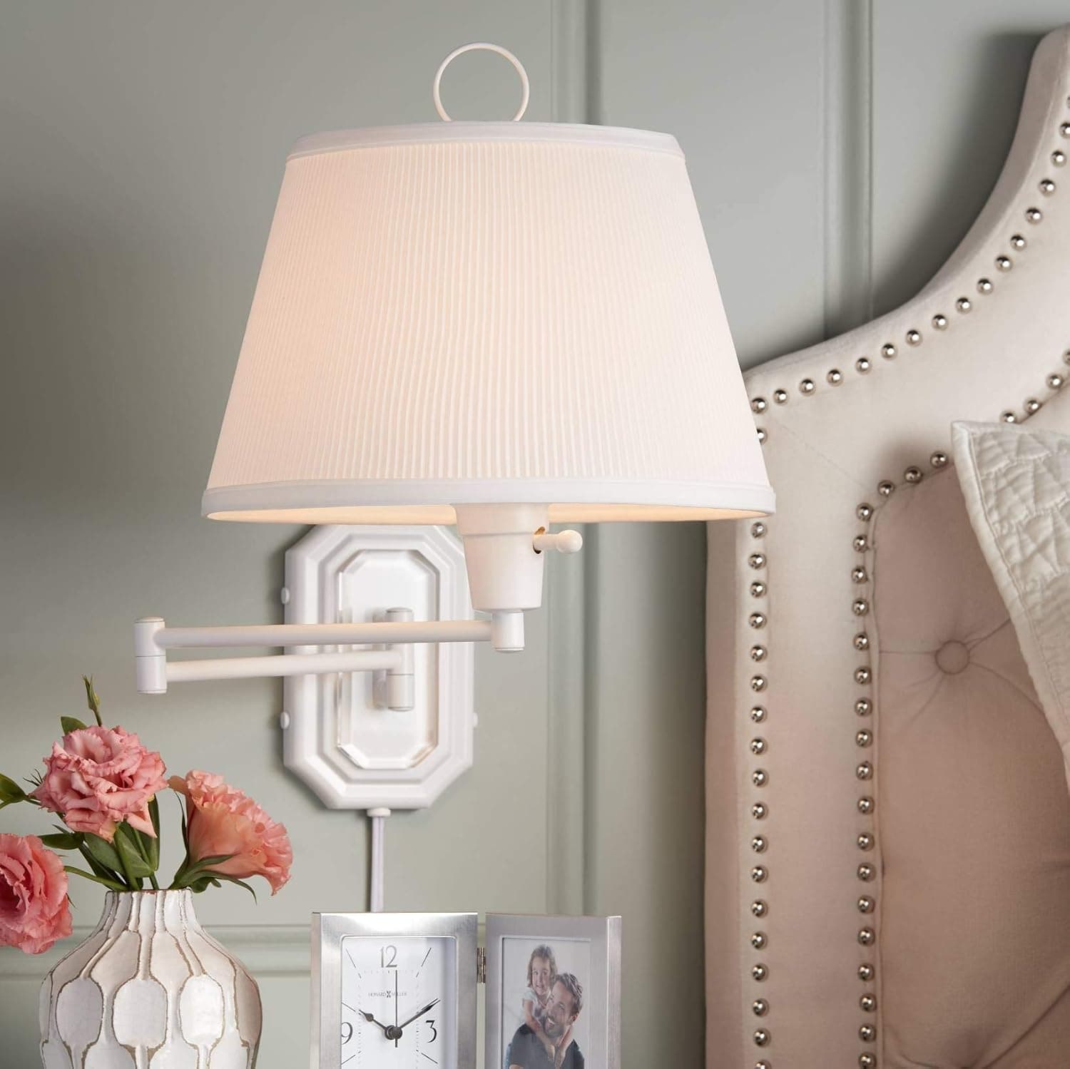 Country Farmhouse Swing Arm Corded Wall Lamp White Plug-in Light Fixture Dimmable Pleated Tapered Drum Shade for Bedroom Bedside House Reading Living Room Home Hallway Dining - Barnes and Ivy