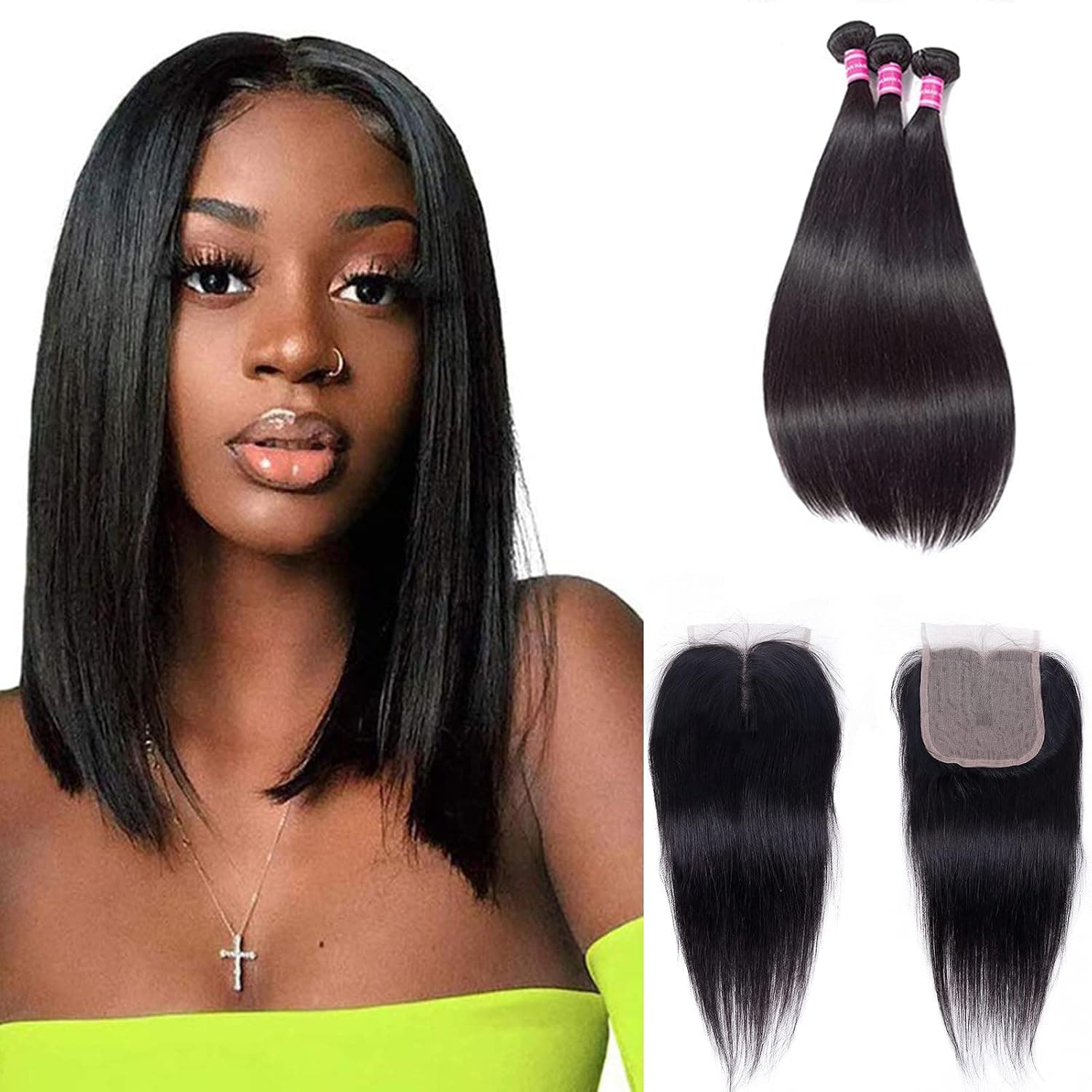 10A Brazilian Straight Human Hair Bundles With Closure (14 14 14+10) 100% Unprocessed Virgin Human Hair 3 Bundles with T Part Lace Closure Human Hair Extensions Natural Black Color