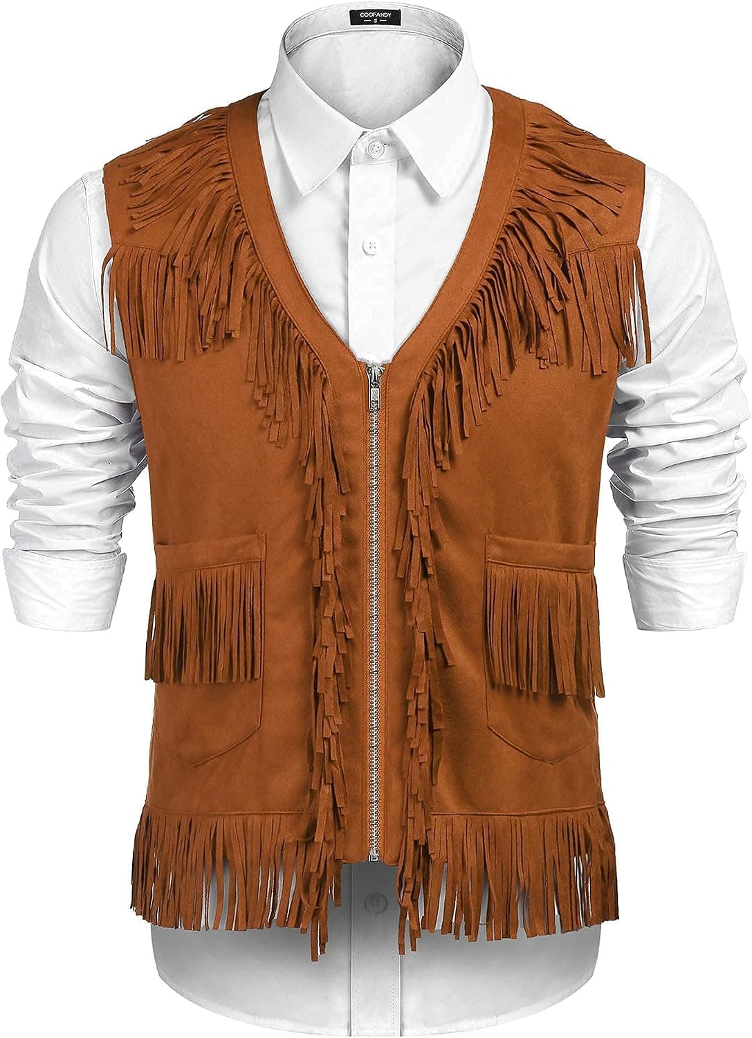 COOFANDY Men's Western Cowboy Vest Casual Fringe Hippie Costume V Neck Zipper Suede Leather Waistcoat