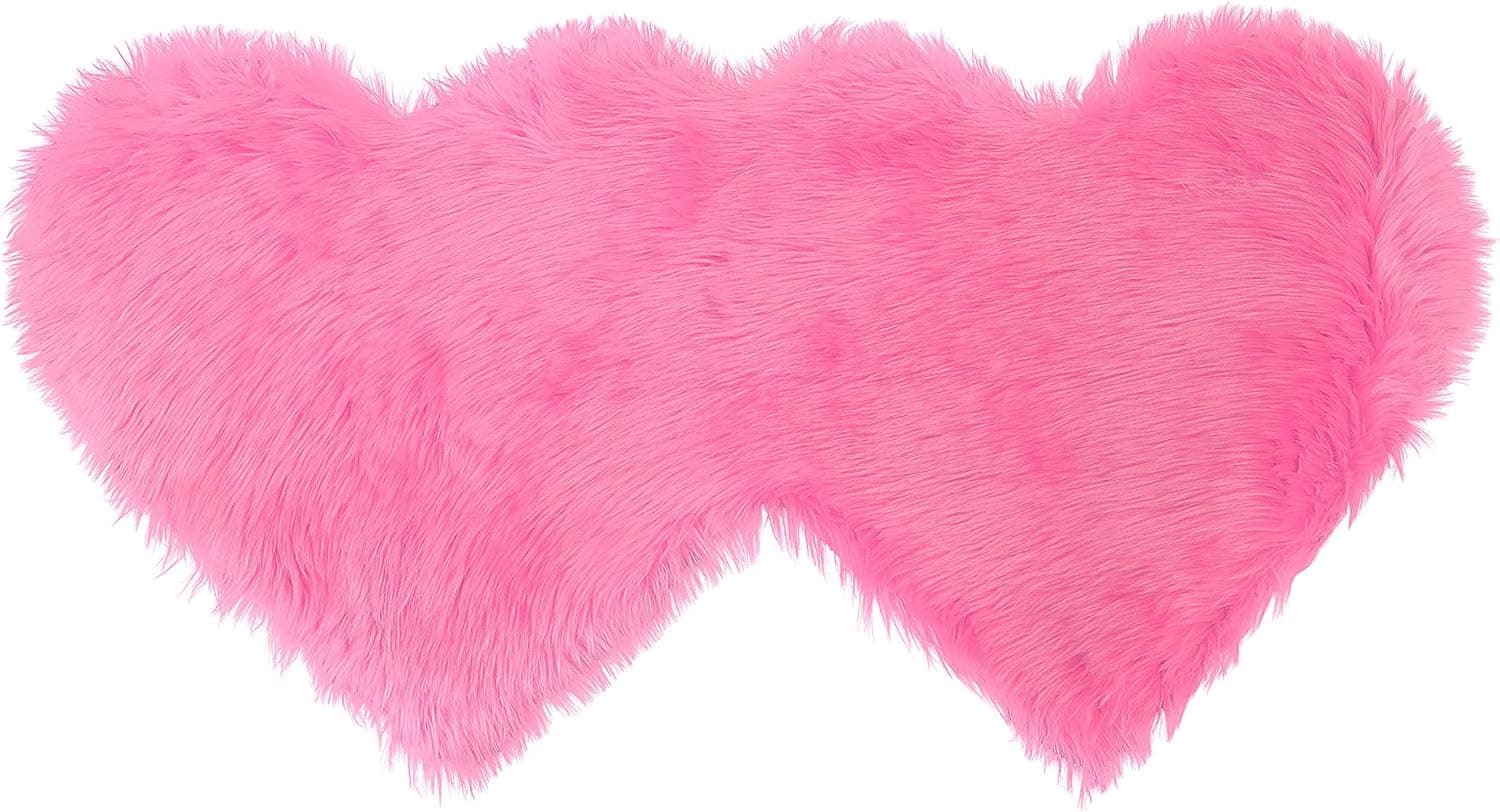 PiccoCasa Double Heart Shaped Soft Faux Sheepskin Fur Plush Area Rugs for Home Living Room Balcony Sofa Floor Mat Bedroom 4ftx2ft Pink