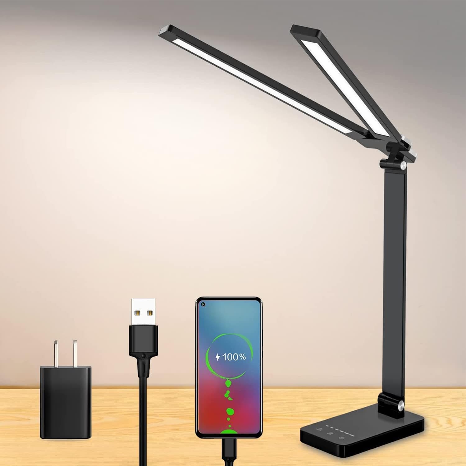 YUNSOVA LED Desk Lamp for Home Office, Double Head Desk Light, 5 Color Modes, 6 Brightness Levels, Touch Control, USB Charging Port, Auto Timer, Eye-Caring dimmable Table Lamp for Reading Study