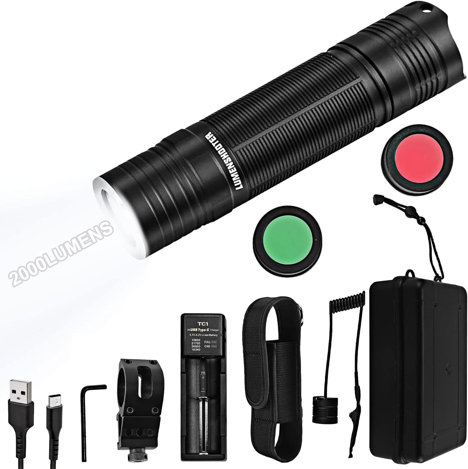 LUMENSHOOTER U10 2000 Lumens Tactical Flashlight with Picatinny Rail Mount, Pressure Switch, Red and Green Filters