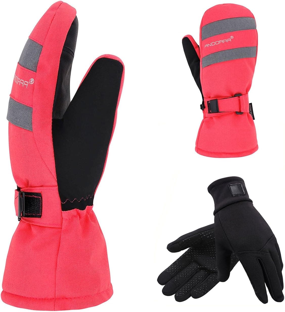 FURST 2-in-1 Touch Screen Winter Ski Mitts + Liner Gloves, Hidden Pocket, Pink, M