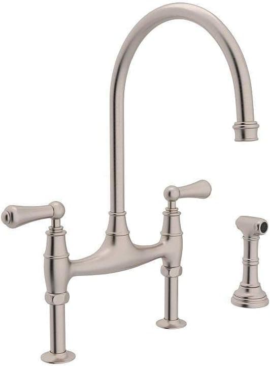 Rohl U.4719L-STN-2 Perrin and Rowe Deck Mount Bridge Kitchen Faucet with Sidespray with High C Spout and Metal ALSace Levers, Satin Nickel