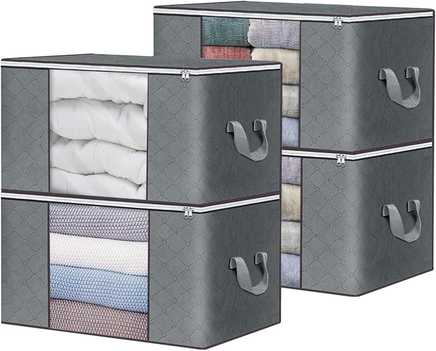 90L Large Storage Bags 4 Pack, Clothes Storage Bins, Blanket Storage Bag, Storage Organizer Containers for Blanket,Comforters,Bed Sheets,Pillows,Toys and Clothing with Sturdy Zippers and Handles, Grey