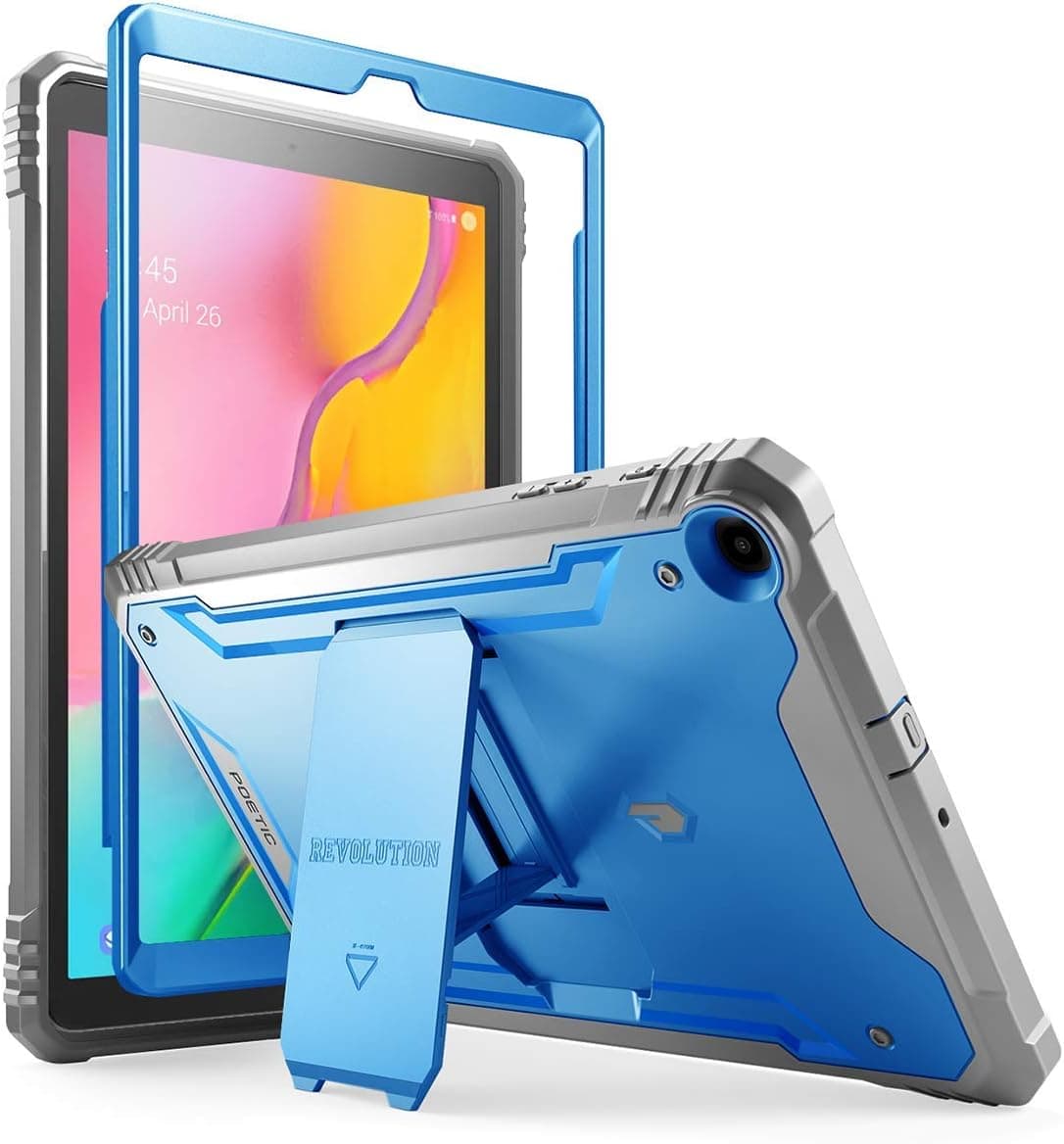 Galaxy Tab A 10.1 (2019 Model# SM-T510 T515 Only) Rugged Case with Kickstand, Built-in-Screen Protector, Revolutions, Poetic Full Body Heavy Duty Shockproof Protective Cover, Blue/Gray