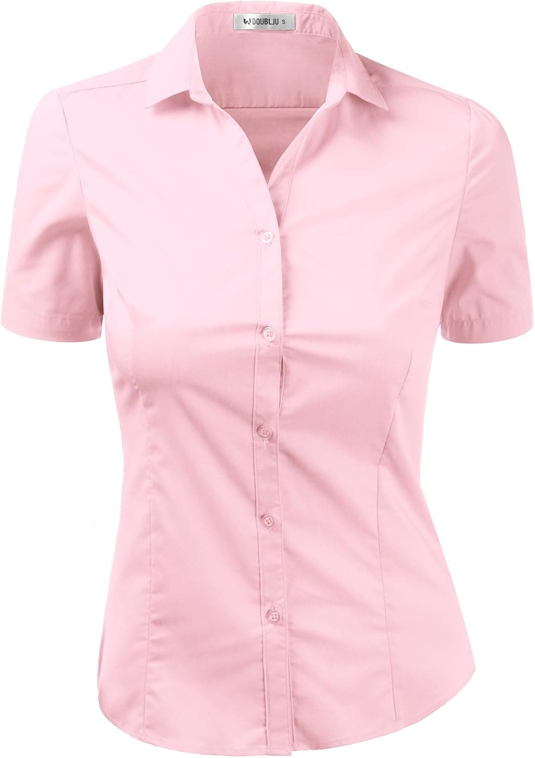 DOUBLJU Women's Slim Fit Plain Classic Short Sleeve Button Down Collar Shirt Blouse