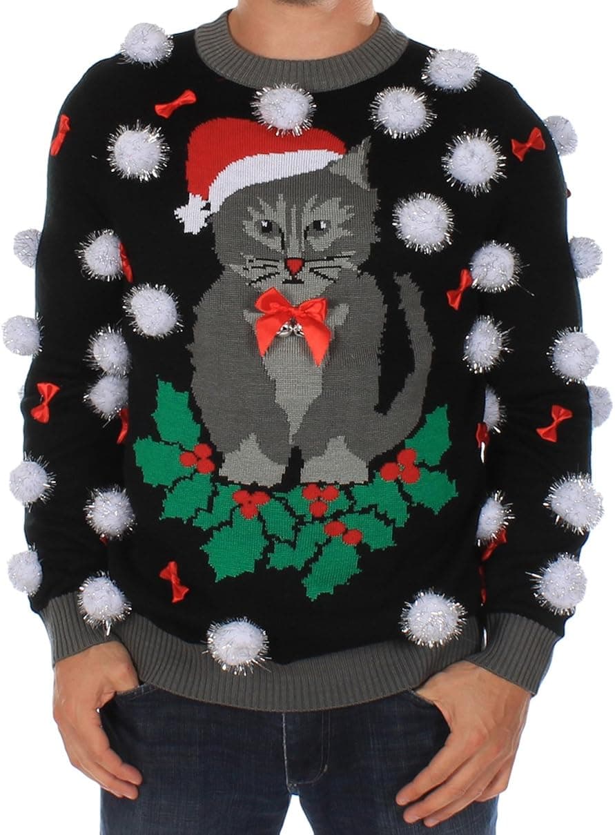 Tipsy Elves Men's Ugly Christmas Sweater - Black Cat Sweater with Bells