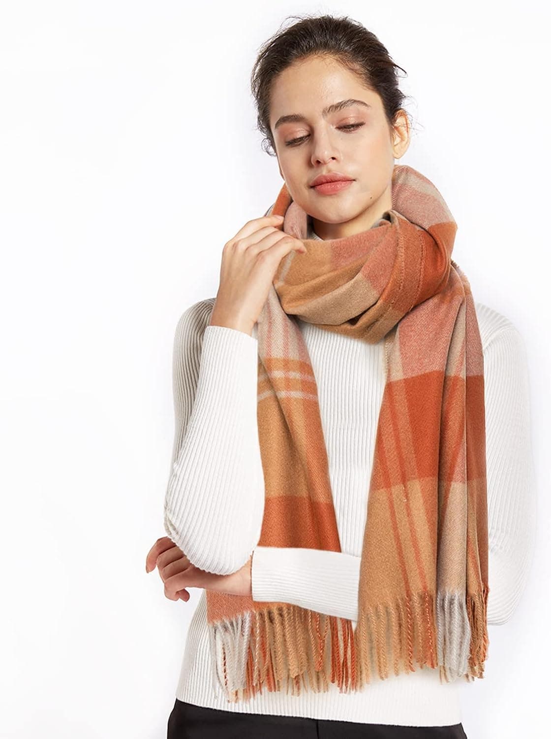 HEEHIPOO Winter Cashmere Scarfs for Women Classic Tassel Plaid Scarf Large Warm Shawl Scarves