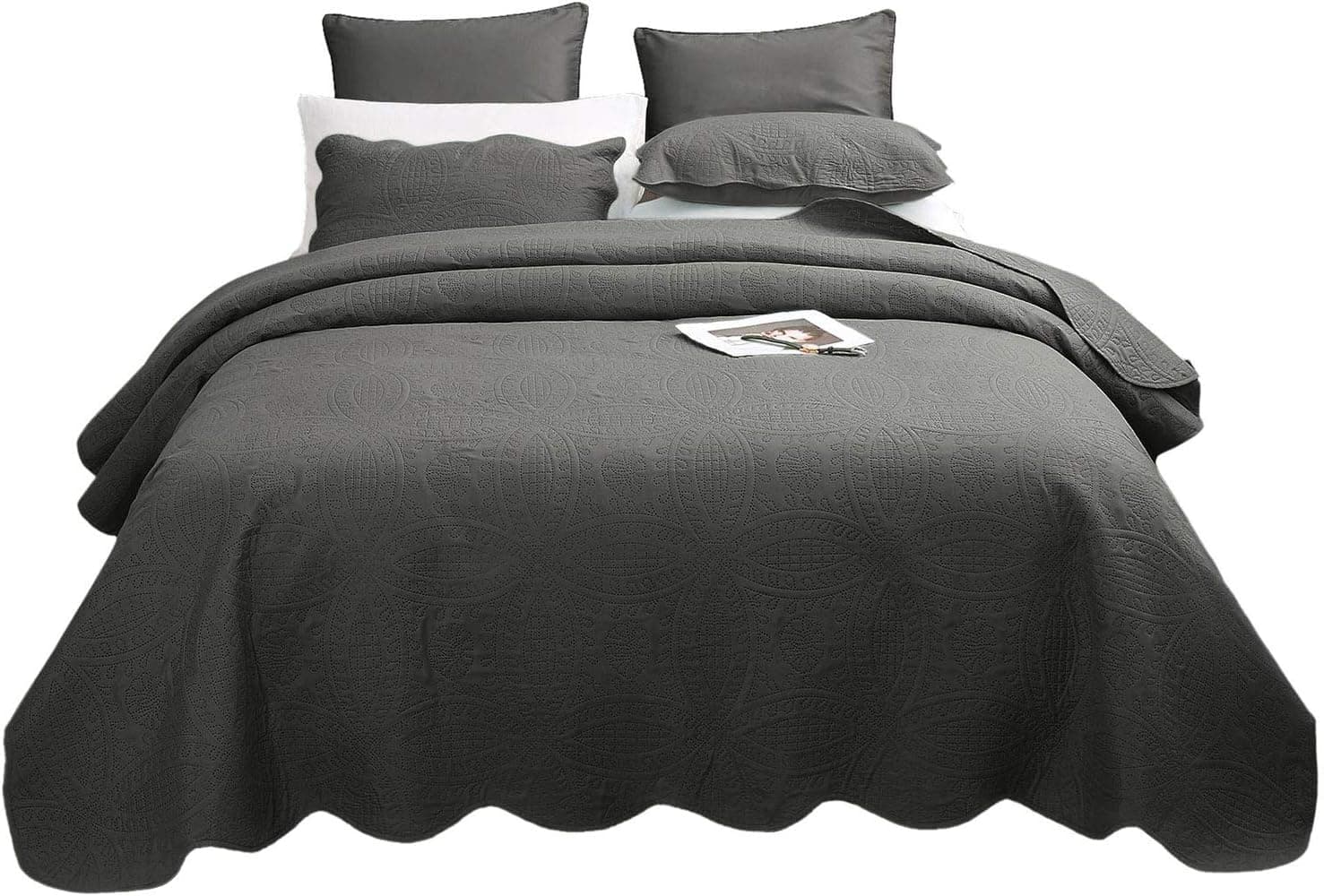 VEEYOO Bedspread Quilt Set Full/Queen Size - Soft Microfiber Lightweight Coverlet Quilt Set for All Season, Quilt Set 3 Piece (1 Quilt, 2 Pillow Shams), Charcoal