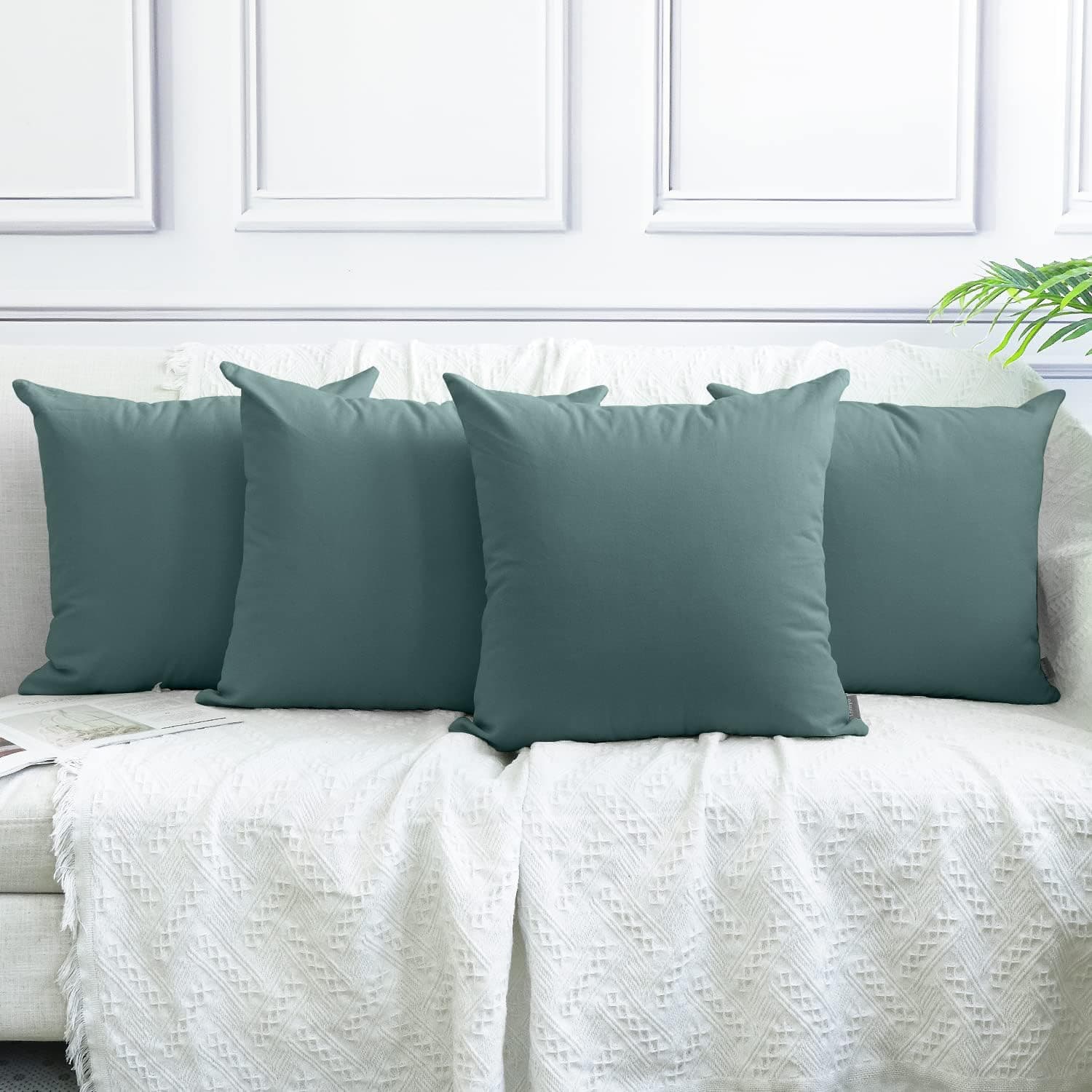 Pack of 4 Cotton Pillow Covers,Decorative Solid Square Throw Pillow Case for Home Sofa Decorative (Cover Only,No Insert)(18x18 inch/ 45x45cm,Smoke Bule)