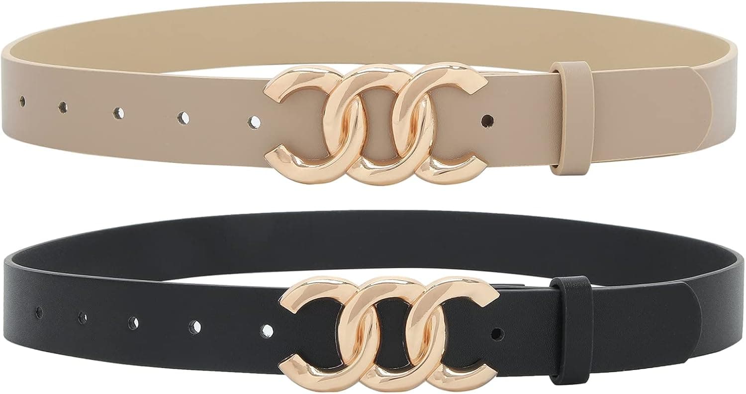 Earnda 2 Pack Women Belts for Jeans Dresses Fashion Gold Buckle Ladies Waist Belt Faux Leather Size up to 41 inch