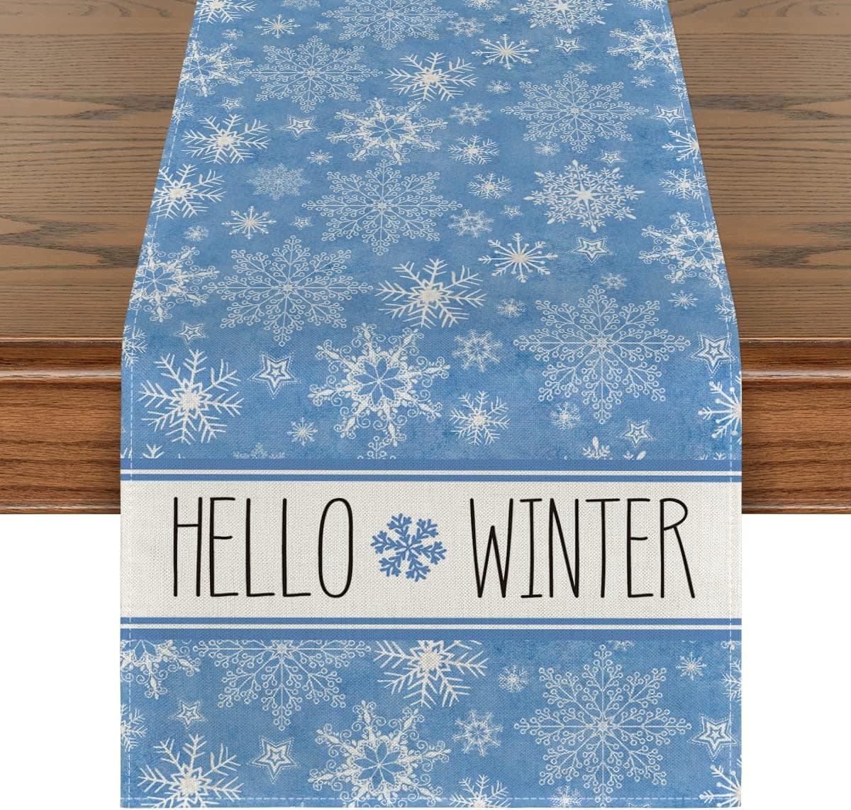 Artoid Mode Hello Winter Snowflake Blue Christmas Table Runner, Seasonal Xmas Holiday Kitchen Dining Table Decoration for Indoor Outdoor Home Party Decor 13 x 72 Inch