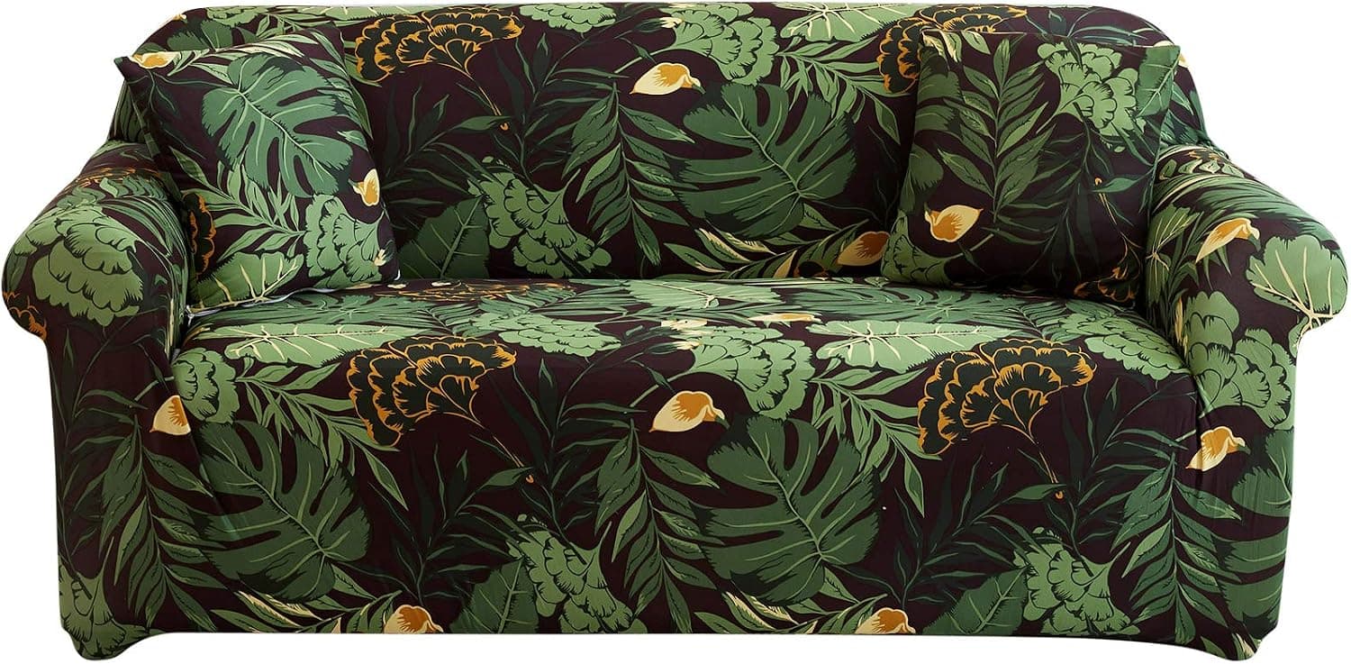 UMETE Stretch Sofa Cover Printed Couch Covers, 1 Piece Sofa Slipcovers for 3 Cushion Couch, Furniture Protector for Living Room with 2 Pillowcases (Large,Dark Green)
