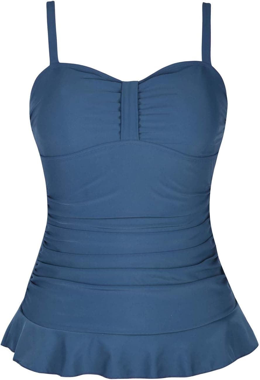 Hilor Women's 50's Retro Ruched Tankini Swimsuit Top with Ruffle Hem