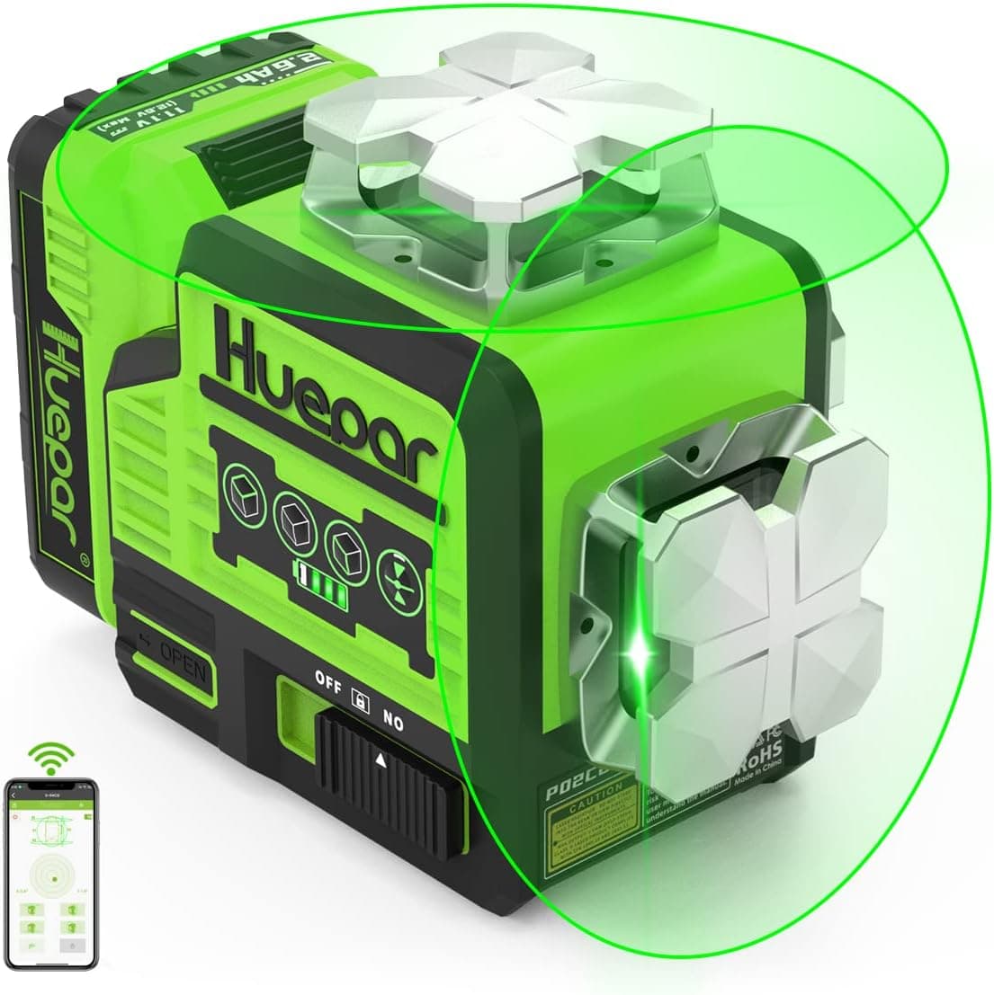 Huepar Laser Level Self Leveling 2x360°outdoor Bluetooth Green Beam Cross Line for Construction and Picture with Pulse Mode, 360° Horizontal and Vertical Line- Li-ion battery & Magnetic Bracket-P02CG