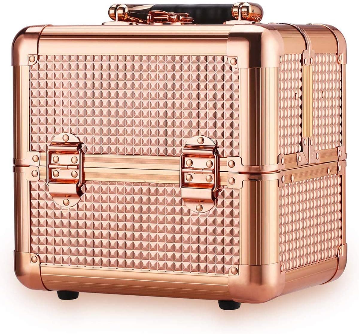 Ovonni Professional Portable Small Makeup Train Case, Artist Lockable Aluminum Cosmetic Organizer Storage Box with Compartments (Rose Gold)