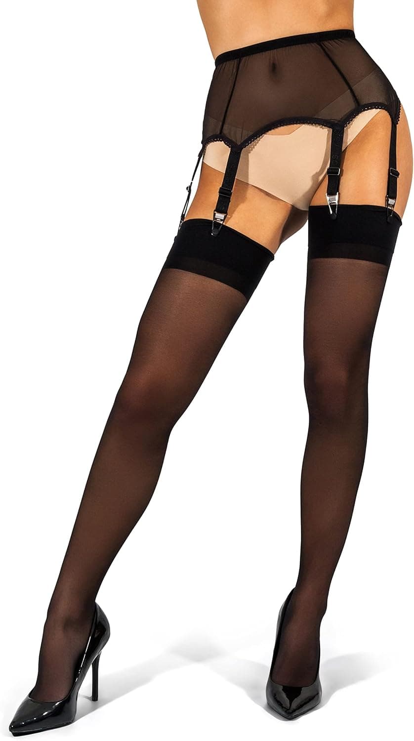 sofsy Sheer Thigh High Stockings for Garter Belt / Suspender Belt | 15 Den [Made In Italy] Black Small