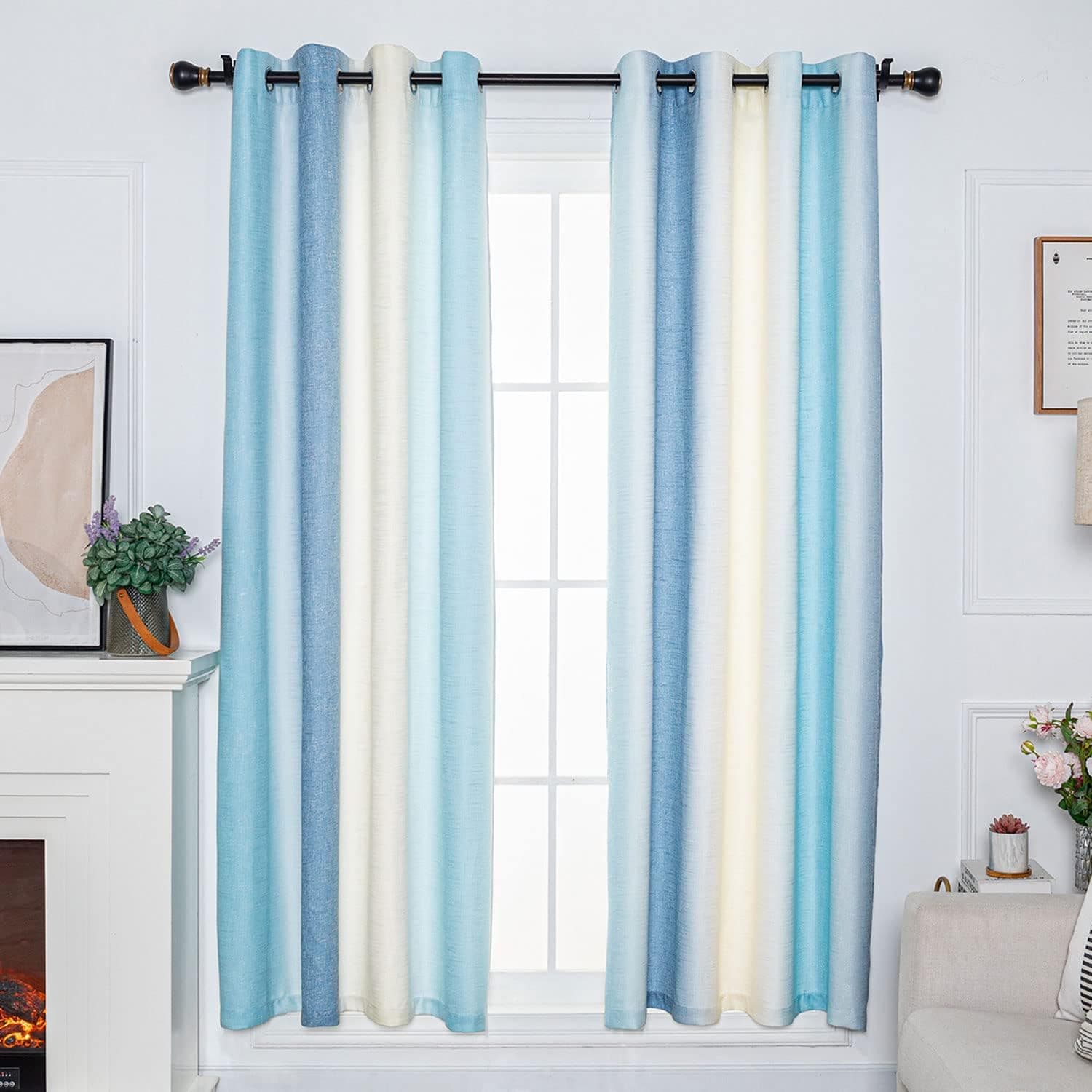FY FIBER HOUSE Multicolor Curtains Gradient Grommet Darkening，Linen Look Blue and White Curtain for Living Dining Room,Decorative Window Ombre Drapes for Boys Girls Kids Bedroom 52Wx95L Inch 2 Panels