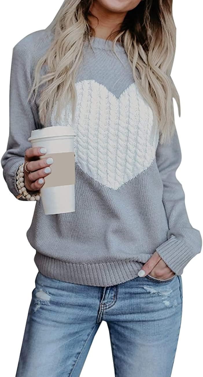 Women's Sweater Cute Heart Pattern Patchwork Lightweight Pullovers Long Sleeve Crew Neck Knits Plain Loose Fit Tops
