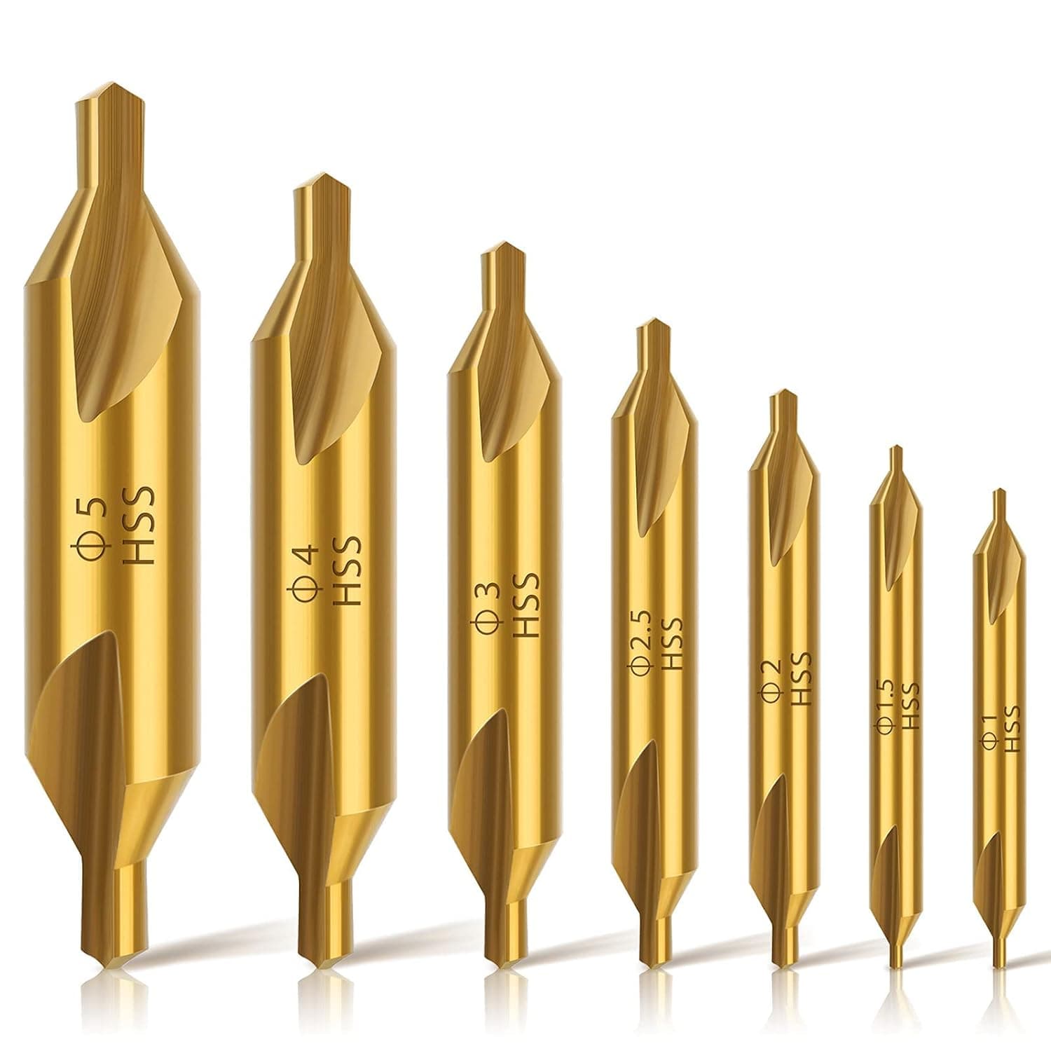 7 Pieces Center Drill Bits Kit, SUNJOYCO M2 High Speed Steel Center Drill Bit Set, 60-Degree Angle Countersink Tools for Lathe Metalworking, Size 1.0 1.5 2.0 2.5 3.0 4.0 5.0