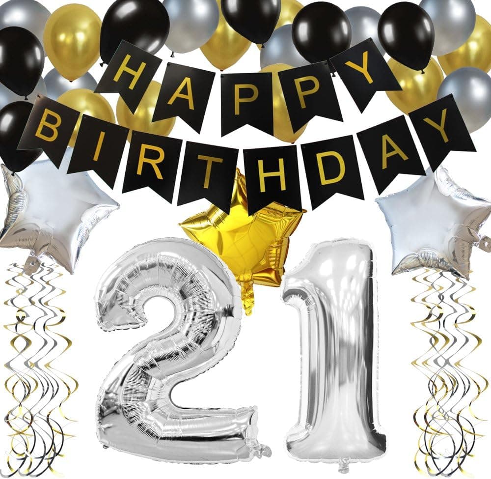 KUNGYO Classy 21th Birthday Party Decorations Kit-Black Happy Brithday Banner,Silver 21 Mylar Foil Balloon, Star, Latex Balloon,Hanging Swirls, Perfect 21 Years Old Party Supplies