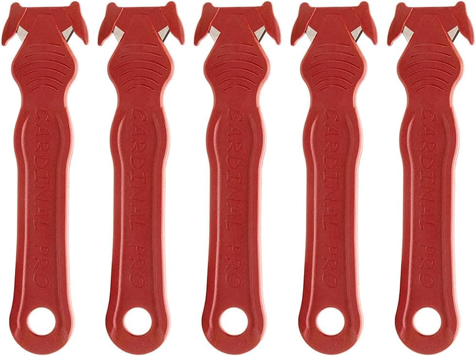 Cardinal Pro Safety Box Cutter, Cardboard, Shrink Wrap, Plastic Banding & Packaging, Film, Seatbelts, Twine, Bags, Zip Ties - Made In USA - Carbon Steel Razor Blade - Disposable/Recyclable (5, Red)
