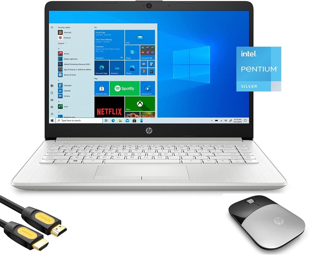 HP 14" HD Micro-Edge Slim Laptop Platinum, Intel Quad-Core Pentium Silver N5030 up to 3.10GHz, 16GB RAM, 128GB SSD, USB-C, Webcam, HDMI, Ethernet, Wireless Mouse, Mytrix_HDMI Cable, Win 10
